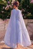 Vestido midi sin mangas de chiffon, escote en V y escote en V azul con capa