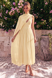 Vestido midi sin mangas de chiffon, escote en V y escote en V azul con capa