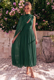 Vestido midi sin mangas de chiffon, escote en V y escote en V azul con capa