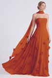 Vestido largo de dama de honor Daffodil sin tirantes de gasa en A-Line con flores 3D