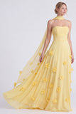 Vestido largo de dama de honor Daffodil sin tirantes de gasa en A-Line con flores 3D