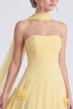 Vestido largo de dama de honor Daffodil sin tirantes de gasa en A-Line con flores 3D