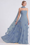Vestido largo de dama de honor Daffodil sin tirantes de gasa en A-Line con flores 3D