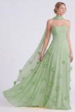 Vestido largo de dama de honor Daffodil sin tirantes de gasa en A-Line con flores 3D