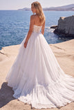 Corsé blanco de línea en A, cintura vasca y vestido de novia largo