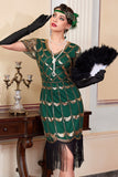 Vestido verde dorado de escote en V de mangas cortas transparentes de lentejuelas bodycon flecos de los años 20