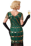 Vestido verde dorado de escote en V de mangas cortas transparentes de lentejuelas bodycon flecos de los años 20
