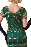 Vestido verde dorado de escote en V de mangas cortas transparentes de lentejuelas bodycon flecos de los años 20