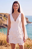 Vestido de novia corto elopement 3D con escolte en V y funda blanca