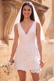 Vestido de novia corto elopement 3D con escolte en V y funda blanca