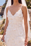 Vestido de novia mini elopement blanco de cuello en V con flor 3D
