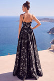 Vestido formal largo de Jacquard Floral Línea A azul con abertura