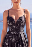 Vestido formal largo de Jacquard Floral Línea A azul con abertura