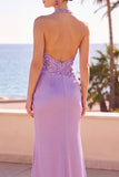 Blush con cuello halter y lentejuelas bordado sirena fruncido con cuentas y vestido largo formal