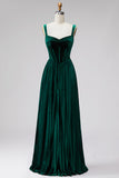 Corsé de terciopelo verde oscuro Tirantes plisados gruesos Vestido formal largo de línea A