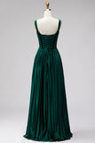 Corsé de terciopelo verde oscuro Tirantes plisados gruesos Vestido formal largo de línea A