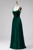Corsé de terciopelo verde oscuro Tirantes plisados gruesos Vestido formal largo de línea A