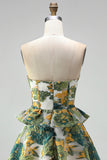 Vestido corto de bienvenida a casa, floral verde sin tirantes en línea A, con volantes y volantes
