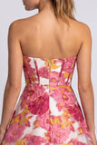 Corsé rosa floral A-Line Mini vestido de bienvenida sin tirantes con abertura
