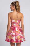 Corsé rosa floral A-Line Mini vestido de bienvenida sin tirantes con abertura