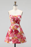 Corsé rosa floral A-Line Mini vestido de bienvenida sin tirantes con abertura