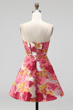 Corsé rosa floral A-Line Mini vestido de bienvenida sin tirantes con abertura