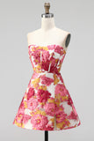 Corsé rosa floral A-Line Mini vestido de bienvenida sin tirantes con abertura