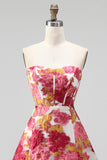 Corsé rosa floral A-Line Mini vestido de bienvenida sin tirantes con abertura