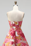 Corsé rosa floral A-Line Mini vestido de bienvenida sin tirantes con abertura