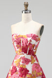 Corsé rosa floral A-Line Mini vestido de bienvenida sin tirantes con abertura