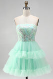 Vestido corto de bienvenida de bienvenida de tul con volantes de nivel verde menta