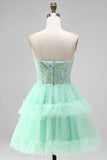 Vestido corto de bienvenida de bienvenida de tul con volantes de nivel verde menta