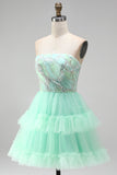 Vestido corto de bienvenida de bienvenida de tul con volantes de nivel verde menta