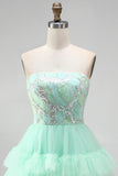 Vestido corto de bienvenida de bienvenida de tul con volantes de nivel verde menta