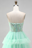 Vestido corto de bienvenida de bienvenida de tul con volantes de nivel verde menta