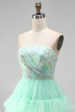 Vestido corto de bienvenida de bienvenida de tul con volantes de nivel verde menta