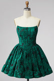 Corsé verde oscuro Bordado floral A-line sin tirantes Vestido corto de bienvenida