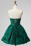 Corsé verde oscuro Bordado floral A-line sin tirantes Vestido corto de bienvenida