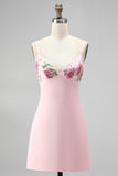 Vestido corto de bienvenida rosa Bodycon con flores bordados en pico, escote en V
