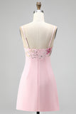 Vestido corto de bienvenida rosa Bodycon con flores bordados en pico, escote en V