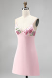 Vestido corto de bienvenida rosa Bodycon con flores bordados en pico, escote en V