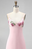 Vestido corto de bienvenida rosa Bodycon con flores bordados en pico, escote en V