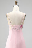 Vestido corto de bienvenida rosa Bodycon con flores bordados en pico, escote en V