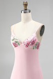 Vestido corto de bienvenida rosa Bodycon con flores bordados en pico, escote en V