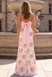 Vestido largo de graduación floral de satén rosa sin tirantes sin lentejuelas con lazo en la espalda