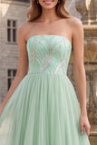 Vestido largo de graduación sin tirantes verde salvia Tul de línea alta y bajo