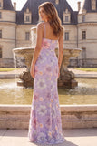 Vestido largo de baile de graduación con tirantes finos florales lila de sirena