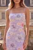 Vestido largo de baile de graduación con tirantes finos florales lila de sirena