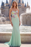 Vestido largo de graduación floral de baile de fin de curso sin tirantes de sirena verde salvia con bordados