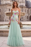 Vestido largo floral sin tirantes de tul sirena verde sirena con lentejuelas